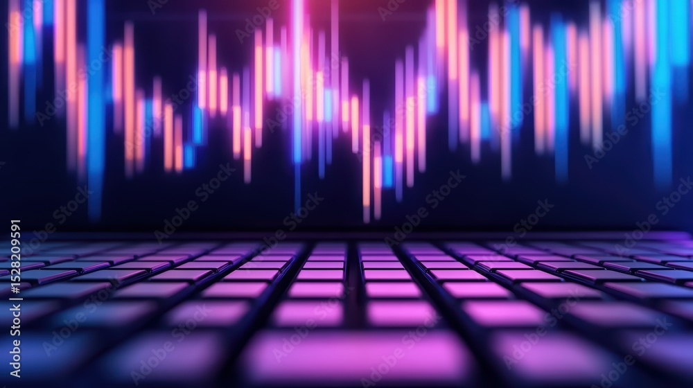 Poster colorful digital sound wave visualization with keyboard in focus and abstract background for technol
