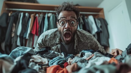 A man expresses his frustration as he stares at a chaotic pile of laundry, reflecting the stress and overwhelm that comes with everyday tasks in a disorganized environment.