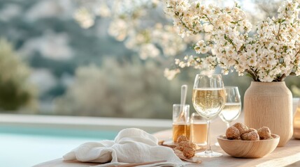 An exquisite table setting featuring glasses of white wine, a bowl of snacks, and blooming flowers, evokes a sense of sophistication and relaxation for an upscale gathering.