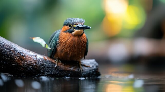 This vibrant kingfisher bird perches on a log, showcasing its striking blue and orange feathers against a softly blurred natural background, creating a serene wildlife moment.