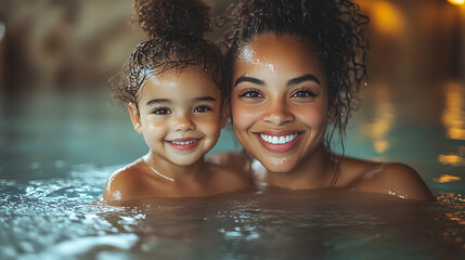Joyful Mother and Daughter Relaxing in a Hot Spring Pool