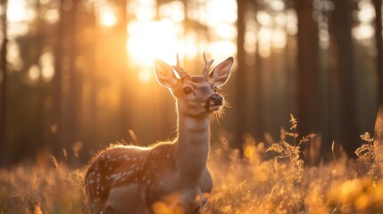 A beautiful young deer stands gracefully in a sunlit field, surrounded by golden grasses as the sunset casts a warm glow, symbolizing nature's serenity and beauty.