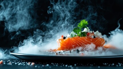 An exquisite presentation of fresh salmon adorned with garnishes and wisps of smoke, embodying elegance and sophistication in culinary arts for food enthusiasts.