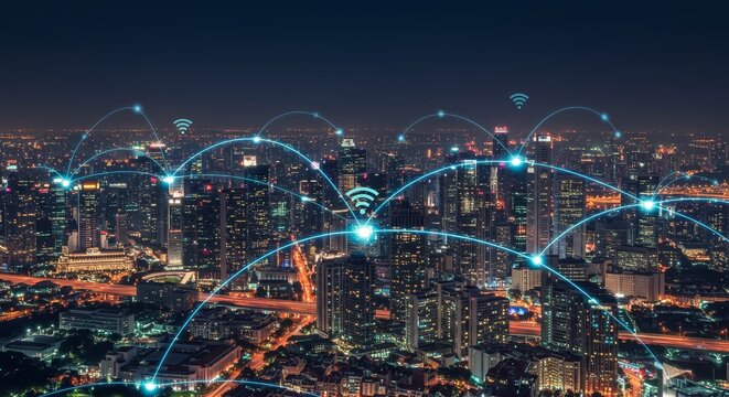 Intelligent city networks and communication in the age of AI wireless communication on the world. Connected city concept: A wireless business network connecting offices in the business skyscrapers. Ge