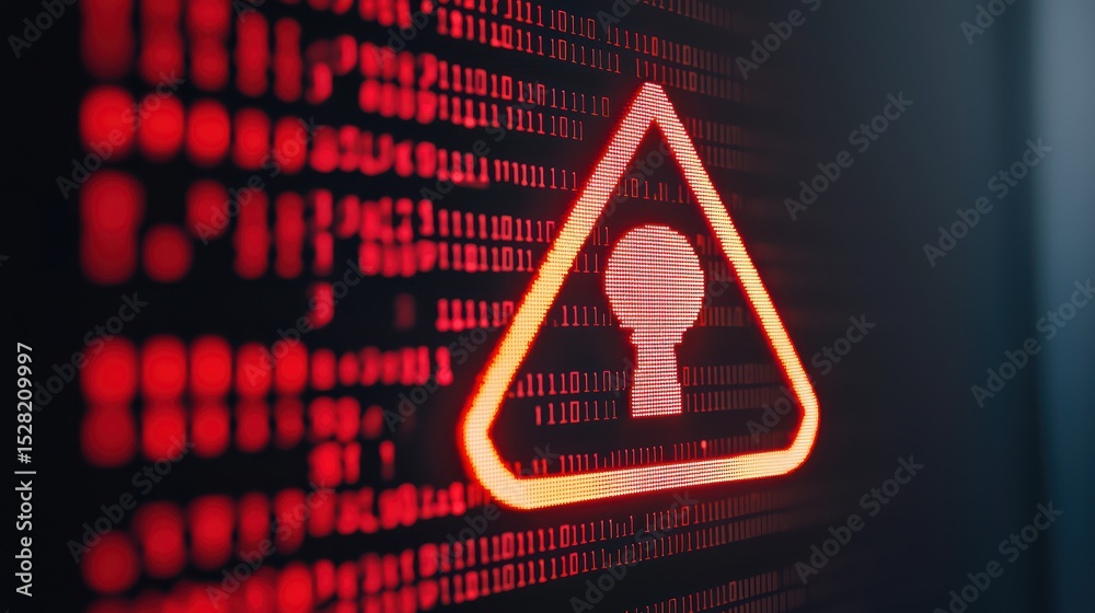 Poster digital security warning sign with keyhole symbol and binary code background in bold red tone