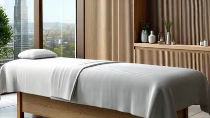Relaxing spa treatment room with panoramic city view and calming ambiance for ultimate wellness experience