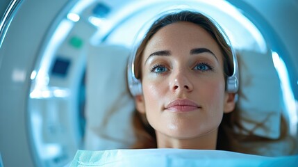 A serene patient lies inside a CT scanner, wearing headphones, presenting a moment of calm amidst medical examination and highlighting modern healthcare technology's role.
