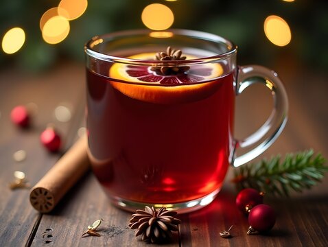 Glass of warm mulled wine with christmas decoration, perfect for winter holidays