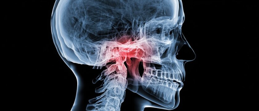 X-ray of Human Skull Highlighting Jaw TMJ Disorder Pain Area