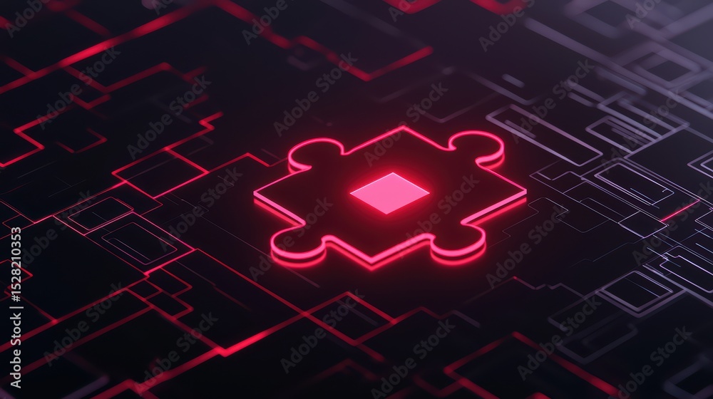 Poster abstract image of digital puzzle piece glowing in neon red color on a dark background with intricate