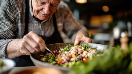 An elderly man joyfully preparing a fresh salad, showcasing his culinary skills and passion for healthy eating, radiating warmth and care in a cozy kitchen.
