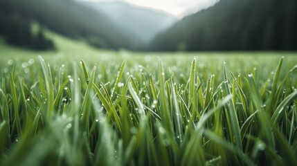 An enchanting landscape photograph featuring dew-kissed blades of grass basking in soft morning light, evoking feelings of tranquility and natural beauty.