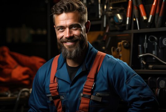 A cheerful mechanic in a workshop smiles warmly while surrounded by various tools, reflecting professionalism and the satisfaction of a job well done.