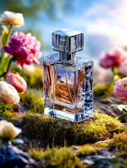 Crystal perfume bottle on a mossy, natural ground with soft focus flowers in a sunlit outdoor setting.