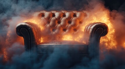 A luxurious leather chesterfield couch engulfed in flames and smoke, creating a dramatic and intense visual metaphor for chaos and transformation in a unique artistic style.
