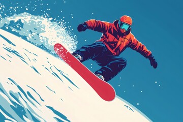 Snowboarder executing a dynamic mid air flip while descending a snowy slope, showcasing skill and agility against a vibrant blue sky