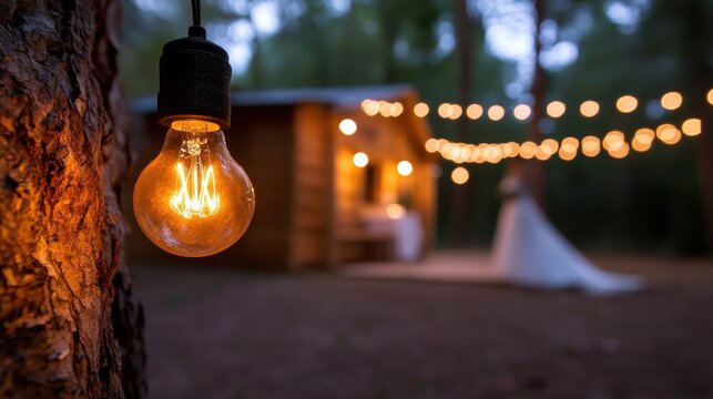 A warm, glowing vintage light bulb hangs from a tree, creating a cozy ambiance near a charming cabin, inviting feelings of nostalgia and the beauty of outdoor gatherings.