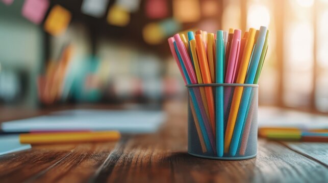 A collection of vibrant and colorful pens arranged in a stylish holder on a desk, symbolizing creativity, organization, and the joy of artistic expression in a workspace.