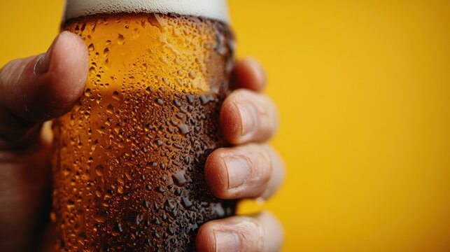 A close-up image showing a hand holding a beer glass with beads of condensation on the surface, showcasing the rich amber color against a bright yellow background.