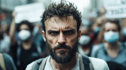 A bearded man with a serious expression stands out in a sea of protesters, highlighting themes of activism and social justice in an intense urban environment.