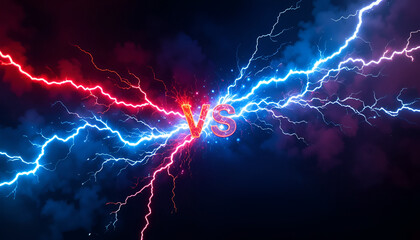 Intense red and blue lightning bolts collide in explosive versus banner, symbolizing epic competition, match battle, and head-to-head showdown energy.