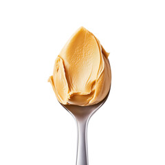 Peanut butter on spoon, close up. Thick food texture. Realistic photo for packaging design. Isolated clipart with clear even edge on transparent background