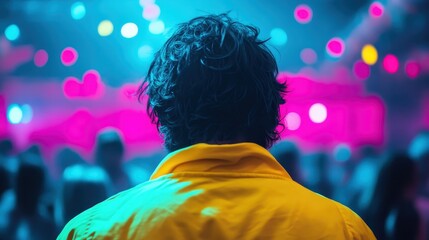 A silhouette of a person in a vibrant crowd filled with colorful lights creates a mysterious yet inviting atmosphere, portraying social engagement and nightlife excitement.