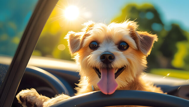 Happy small dog enjoys a car ride with its head out the window on a sunny day