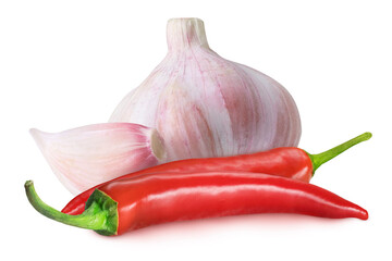 Garlic and red chili pepper on isolated white background. Whole garlic, garlic clove and two chili peppers.