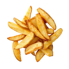 Potato wedges. Top view of delicious pile of classic fast food. Realistic photo for packaging design or web catalog, soft studio light. Isolated clipart with clear even edge on transparent background