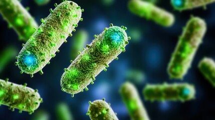 Fototapeta premium Close-Up View of Colorful Bacteria in a Microscopic Environment with Vibrant Blue and Green Highlights