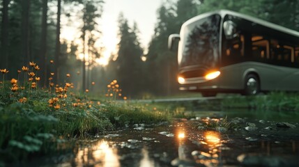 A sleek modern bus navigating through a lush serene landscape, evoking notions of travel, adventure, and connection with nature in the tranquility of the forest.