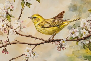 Fototapeta premium Yellowhammer perched on flowering branches in springtime bloom, yellowhammer jumps on flowering branches
