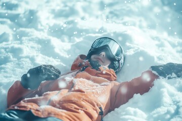 Snowboarder wearing an orange jacket, gloves and goggles lying in fresh snow while it's snowing