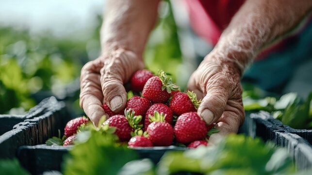 Close-up of weathered hands holding ripe strawberries, showcasing the beauty of fresh produce and the importance of agriculture in our lives and community engagement. - Powered by Adobe