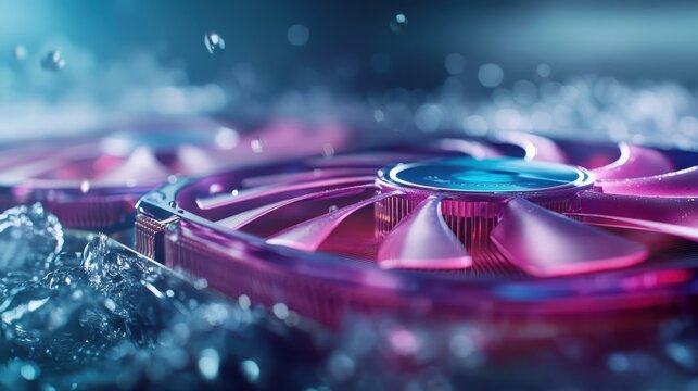 A dynamic composition showcasing a colorful cooling fan amidst splashes of water droplets, representing modern technology in a refreshing and cool setting that invites excitement.