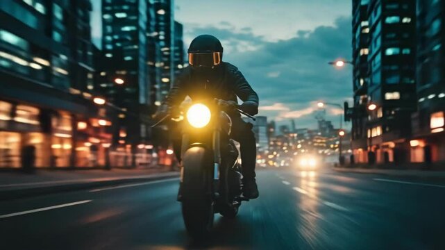 Nighttime motorcycle ride through illuminated urban cityscape