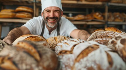 A joyful artisan baker stands before an array of fresh, crusty bread loaves, highlighting his craftsmanship and passion for baking in a warm bakery setting.