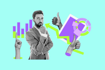 Full 3d poster art pop collage of happy businessman businesswoman hold laptop tablet screen chart arrow development career