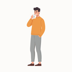Obraz premium Young man in orange shirt drinking coffee – flat minimalist vector