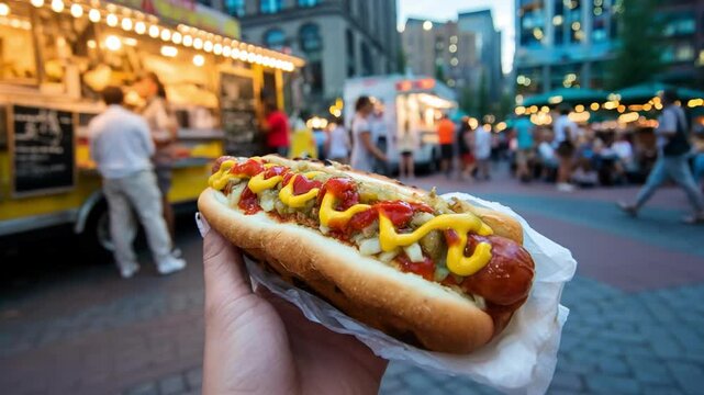 Enjoying a tasty hotdog at a busy night food market with neon lights
