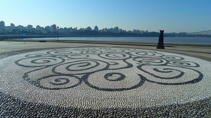 Intricate pebble mosaic design on a paved area.