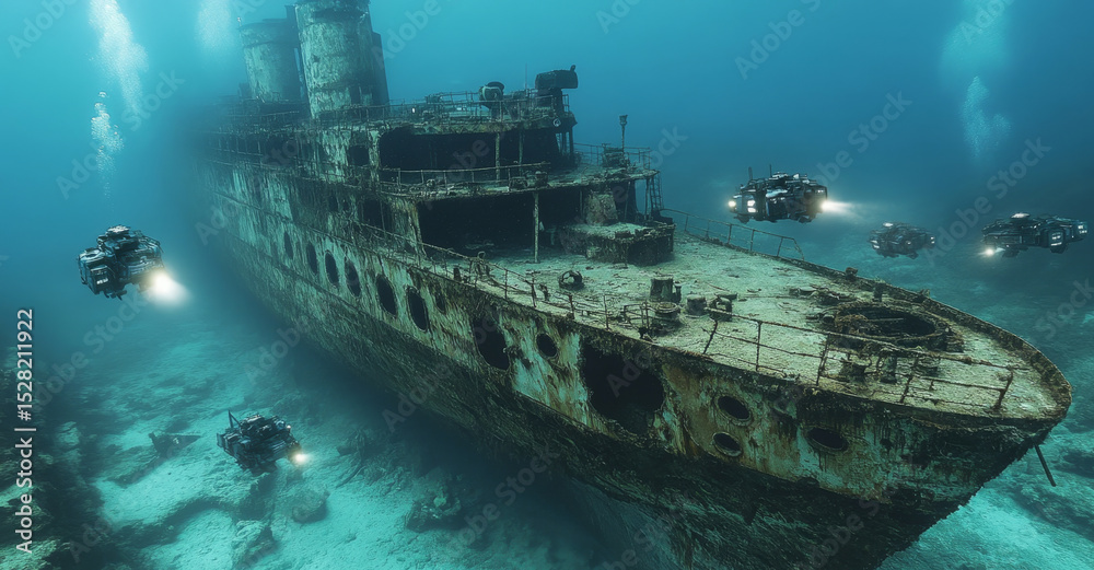 Aufkleber A team of autonomous robots navigates the depths of the ocean, examining a submerged wreck.