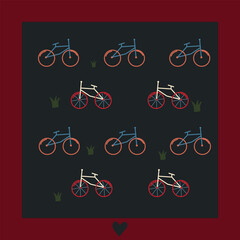 Seamless pattern of colorful bicycles in blue and white with red and orange wheels on dark background, accented with small green grass patches, perfect for sports and outdoor themes.