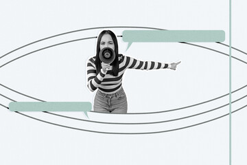 Composite zine poster trend collage of happy korean girl show bubble communication icon chatterbox conversation monologue