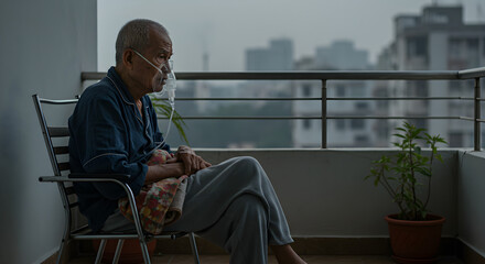 Elderly Man Receives Oxygen Therapy on Balcony Overlooking City