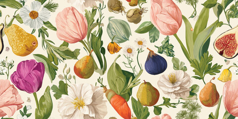 Abundant Botanical Floral Fruit Seamless Pattern. Harvest Nature Food Design for trendy design, textile, packaging, fabric, wallpaper, branding, stationery, wrapping paper interior decor.