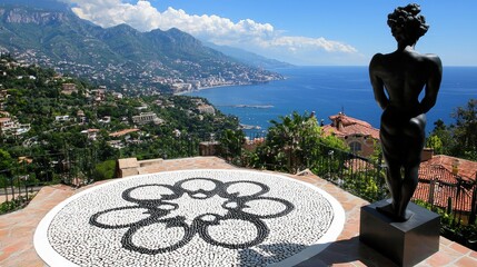 Panoramic view from a hillside terrace with a decorative mosaic and a sculpture.