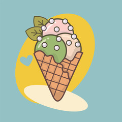 Colorful cartoon ice cream cone with three scoops in pink, green, and white, decorated with sprinkles and leaves, set against a bright pastel background, perfect for summer and dessert themes.