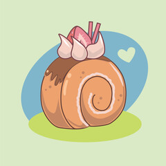 Sweet cartoon Swiss roll cake with chocolate topping, cream, strawberry slice, and cinnamon sticks, set on a pastel background with heart, perfect for dessert and bakery designs.